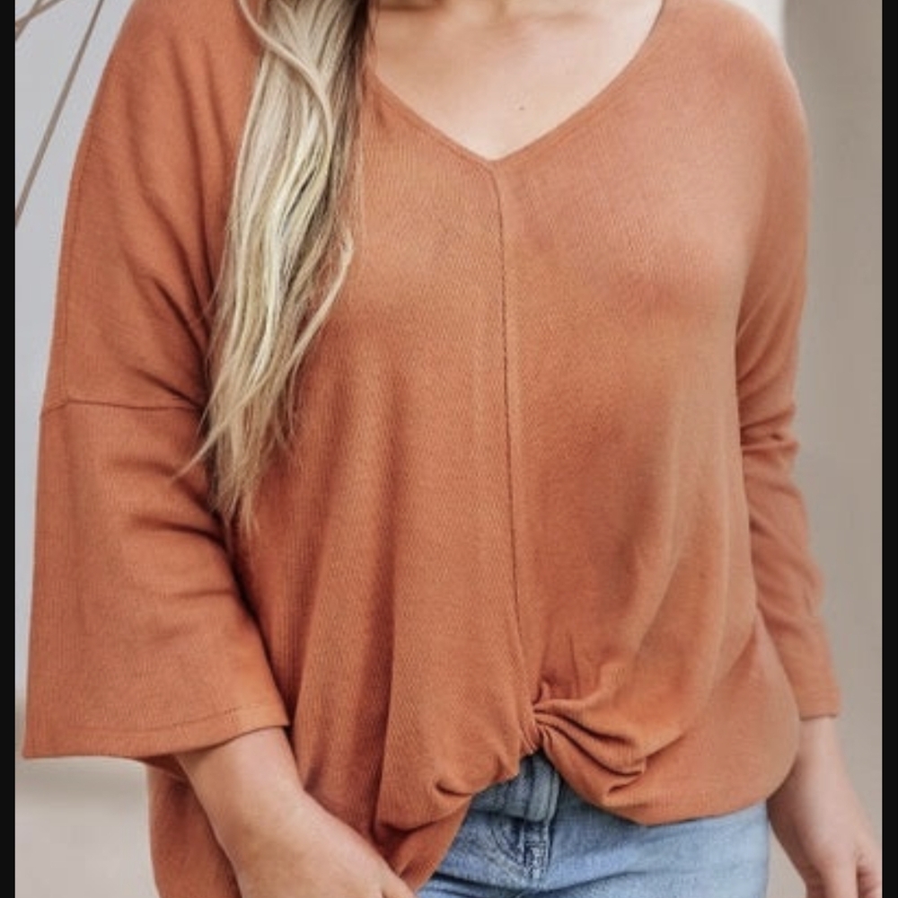 Rust Orange V-Neck Knotted Sweater 3X